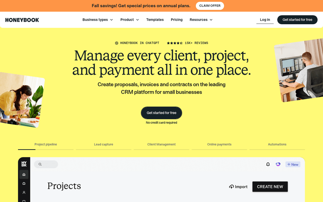 HoneyBook homepage