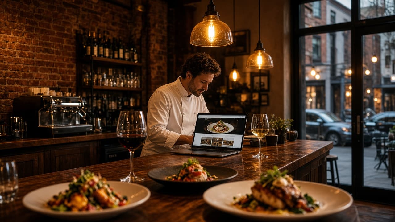 Chef reviewing a new restaurant website on a laptop at the pass