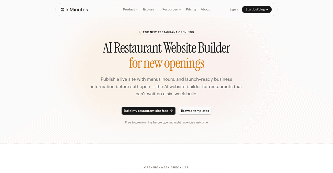 InMinutes AI restaurant website builder for new openings