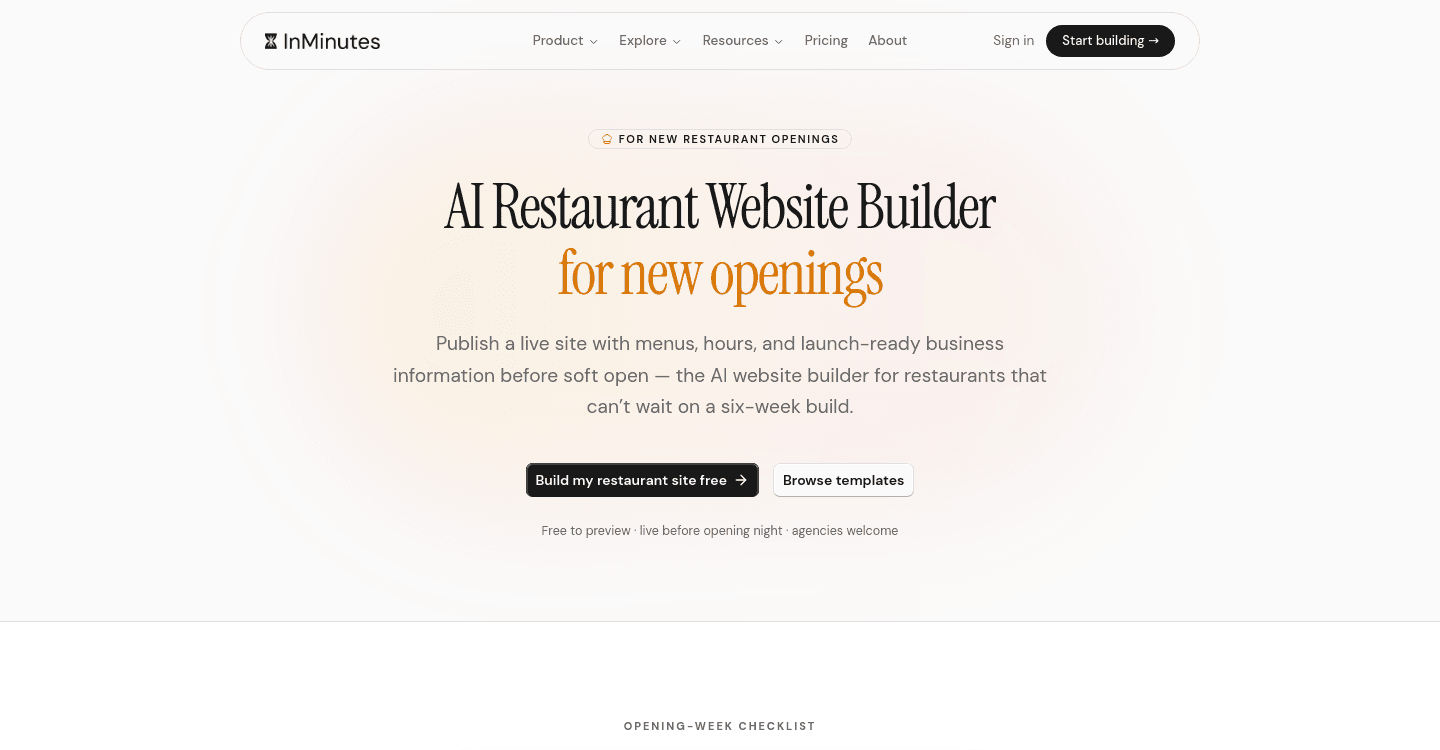 InMinutes restaurant website builder generating menu and reservation pages