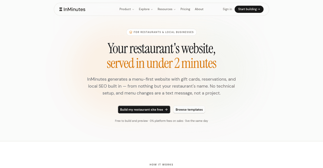 InMinutes restaurant websites built from your menu