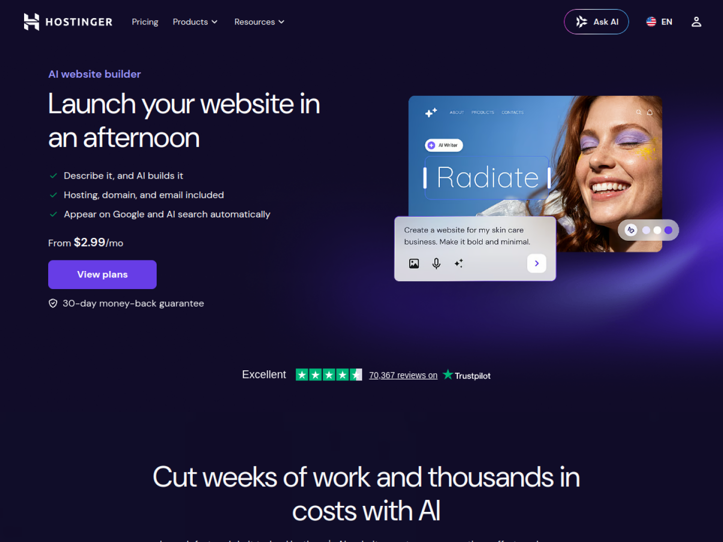 Hostinger AI website builder hero