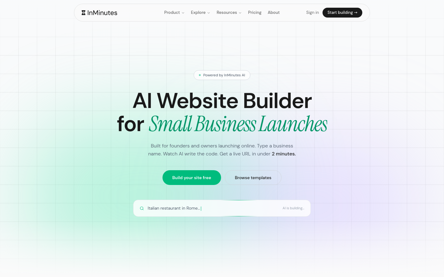 InMinutes AI website builder for small business launches