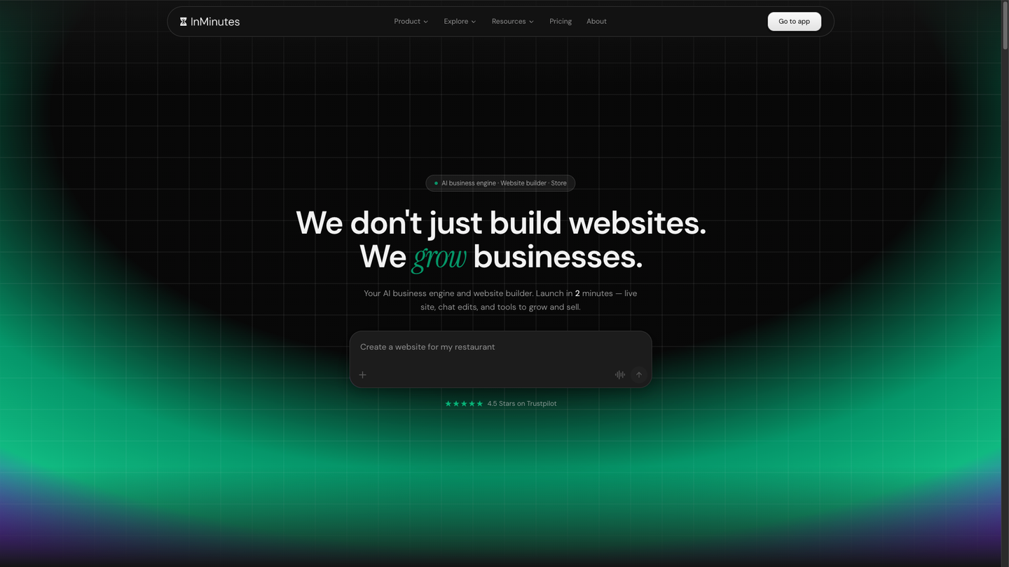 InMinutes homepage: one AI platform for your site, booking, blog, and store