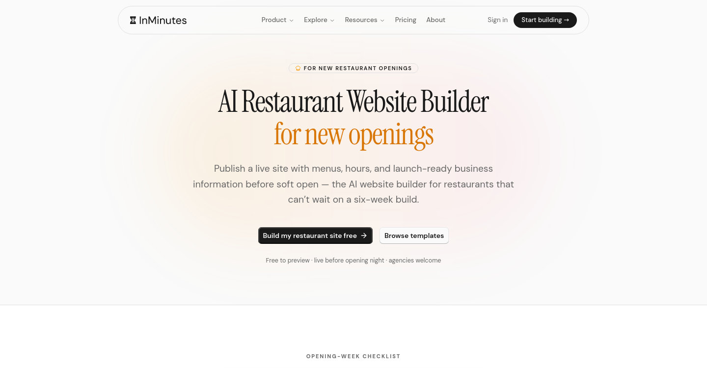 InMinutes AI restaurant website builder with menus and ordering