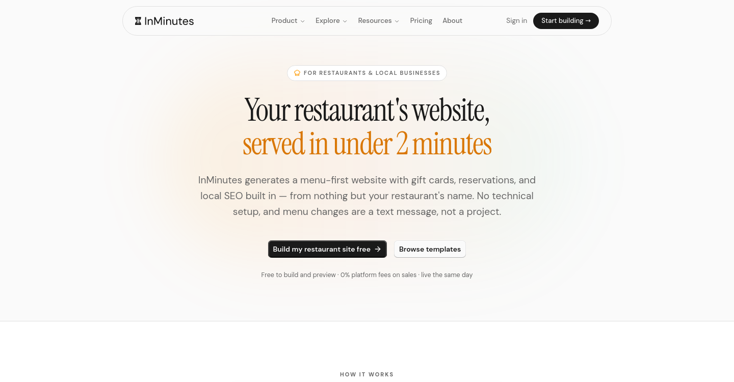 InMinutes AI restaurant website builder